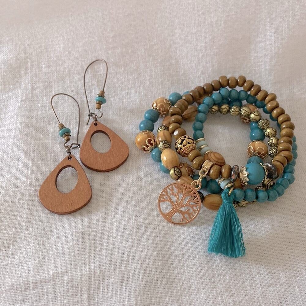 Turquoise Bohemian Jewelry Set Boho Earrings 4 pc Bracelet Tree of Life Charm